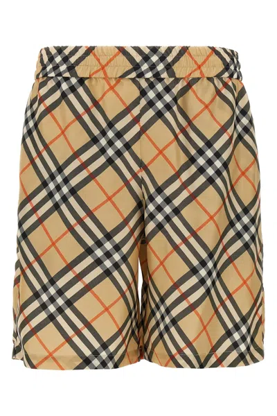 Burberry Drawstring Waistband Check Shorts With Embroidered Detail In Cream
