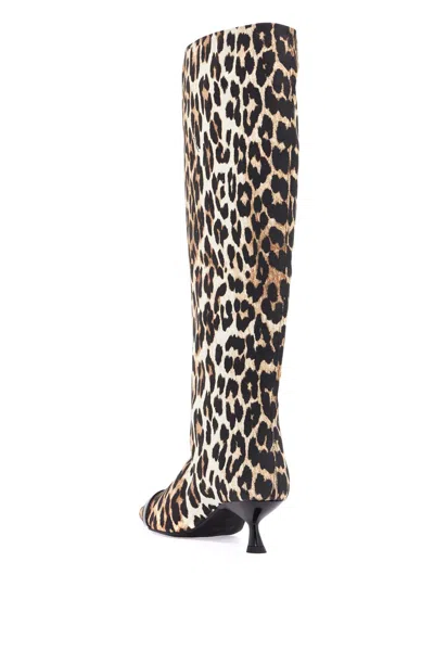 Ganni Leopard-print Satin Knee-length Boots In Cream