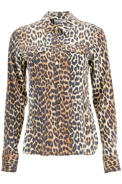 Ganni Leopard Print Canvas Overshirt In Brown