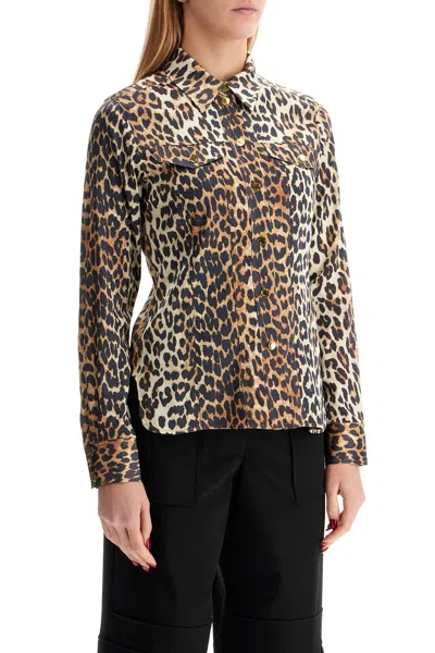 Ganni Leopard Print Canvas Overshirt In Brown