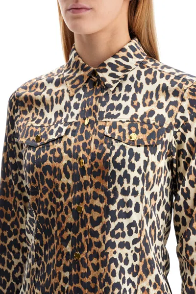 Ganni Leopard Print Canvas Overshirt In Brown