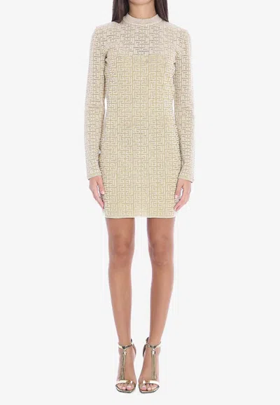 Balmain Knit Dress Monogram Geometric Pattern In Beige