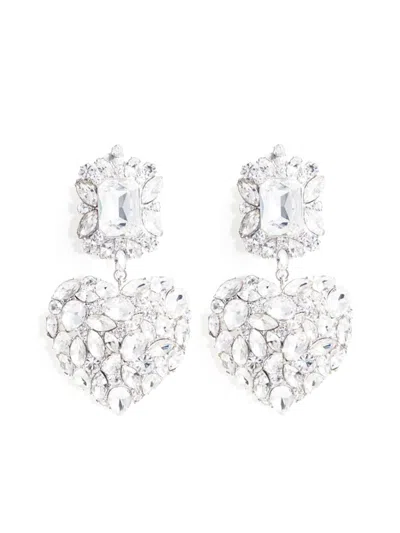 Self-portrait Silver-colored Pendant Earrings With All-over Applied Crystals In Brass Woman In Silver