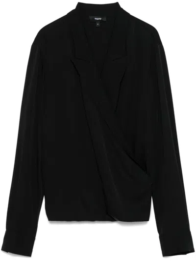 Theory Long Sleeves Wrap Blouse In Black