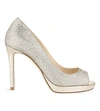 Jimmy Choo Luna 100 Champagne Glitter Fabric Peep Toe Platform Pumps