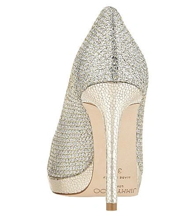 Jimmy Choo Luna 100 Champagne Glitter Fabric Peep Toe Platform Pumps