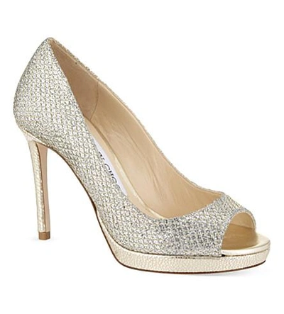 Jimmy Choo Luna 100 Champagne Glitter Fabric Peep Toe Platform Pumps
