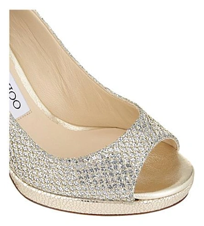 Jimmy Choo Luna 100 Champagne Glitter Fabric Peep Toe Platform Pumps