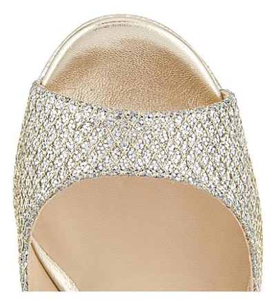Jimmy Choo Luna 100 Champagne Glitter Fabric Peep Toe Platform Pumps
