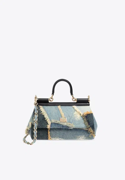 Dolce & Gabbana Medium Elongated Sicily Patchwork Denim Top Handle Bag In Blue