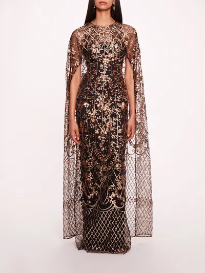 Marchesa Sequin Lattice Cape Gown In Black Gold