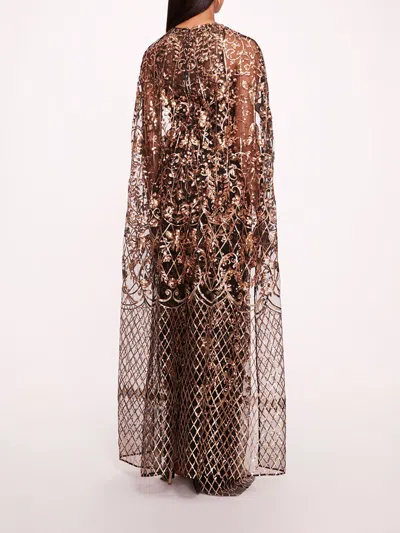 Marchesa Sequin Lattice Cape Gown In Black Gold