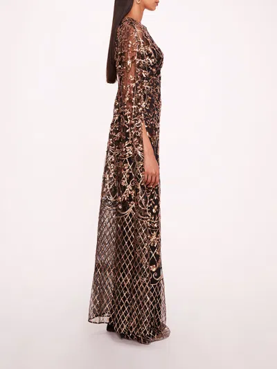 Marchesa Sequin Lattice Cape Gown In Black Gold