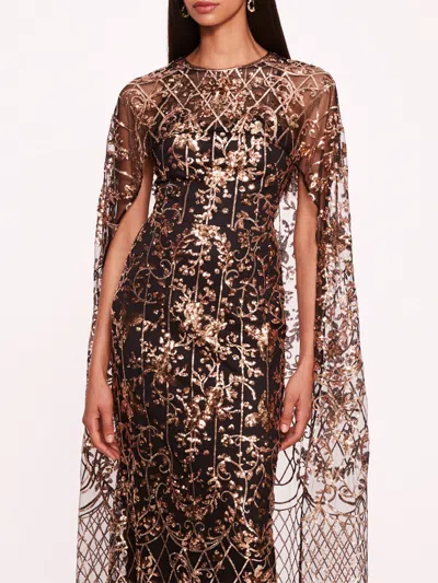 Marchesa Sequin Lattice Cape Gown In Black Gold