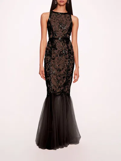 Marchesa Sequin Lattice Strapless Gown In Black