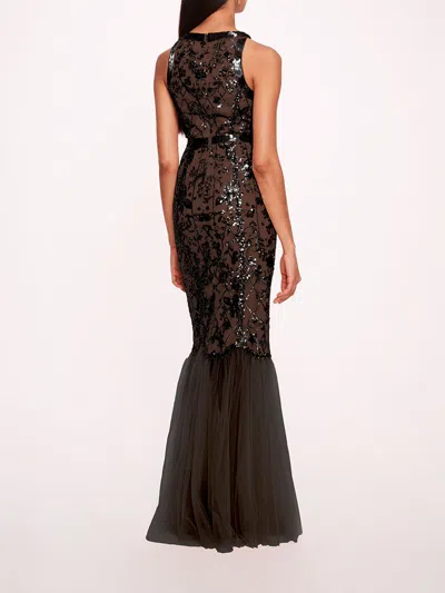 Marchesa Sequin Lattice Strapless Gown In Black