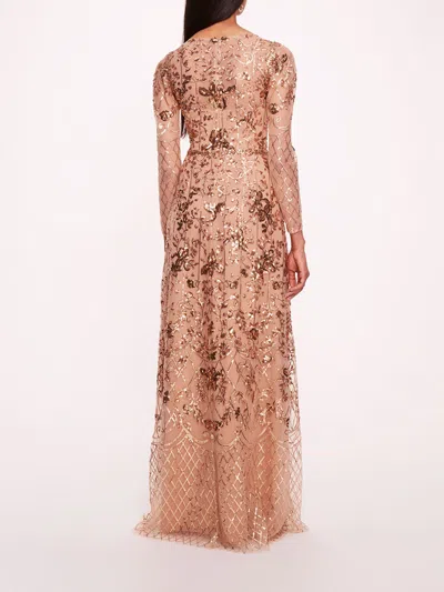 Marchesa Sequin Lattice Sleeved Gown In Nude Gold