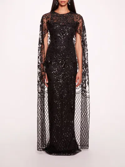 Marchesa Sequin Lattice Cape Gown In Black