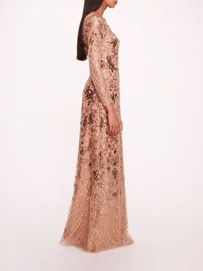 Marchesa Sequin Lattice Sleeved Gown In Nude Gold
