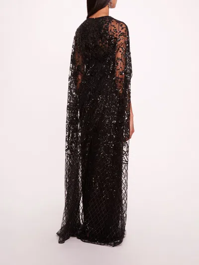 Marchesa Sequin Lattice Cape Gown In Black