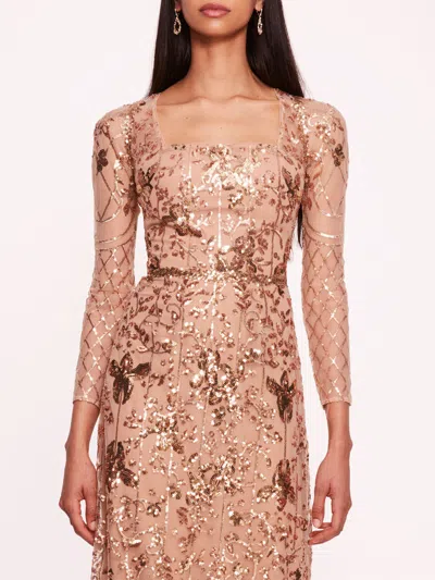 Marchesa Sequin Lattice Sleeved Gown In Nude Gold
