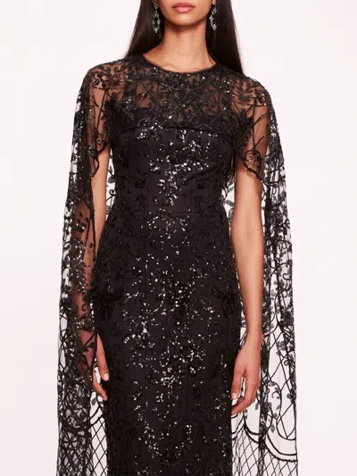 Marchesa Sequin Lattice Cape Gown In Black