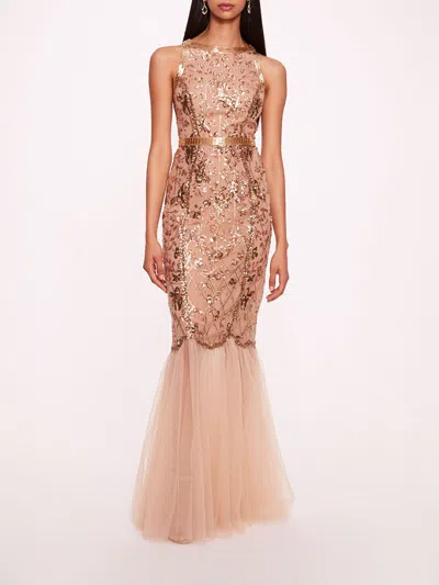 Marchesa Sequin Lattice Strapless Gown In Nude Gold