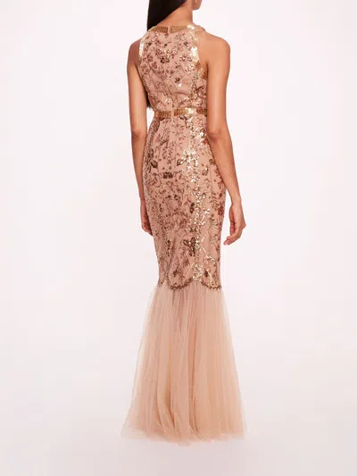 Marchesa Sequin Lattice Strapless Gown In Nude Gold