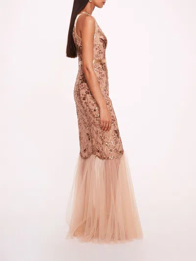 Marchesa Sequin Lattice Strapless Gown In Nude Gold