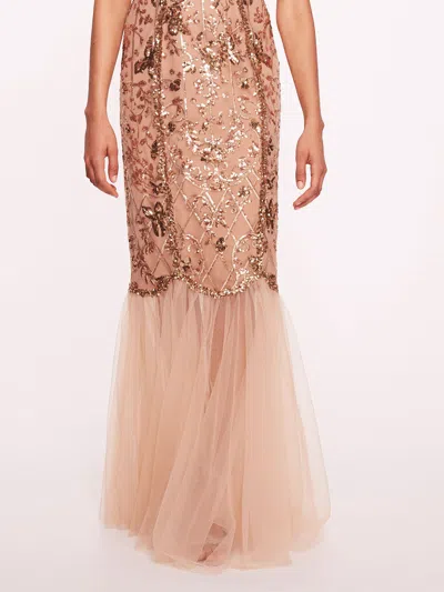 Marchesa Sequin Lattice Strapless Gown In Nude Gold