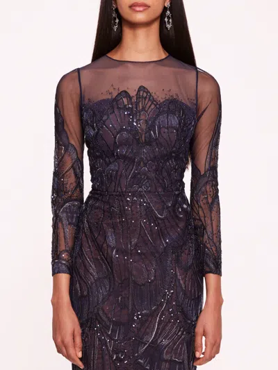 Marchesa Winged Symphony Midi Dress In Blue