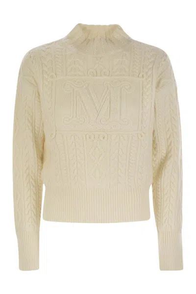 Max Mara Mini Wool And Cashmere Sweater With Diamond Cable Knit Design In White