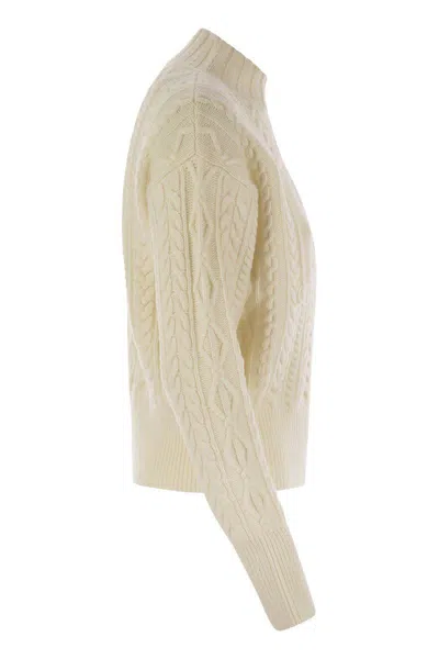 Max Mara Mini Wool And Cashmere Sweater With Diamond Cable Knit Design In White