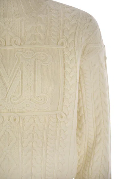 Max Mara Mini Wool And Cashmere Sweater With Diamond Cable Knit Design In White