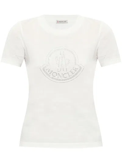 Moncler Women White Cotton Rhinestone Logo T-shirt In White