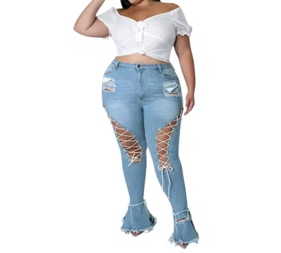 Loverly Fit Lace Up Jeans In Medium Blue In Blue