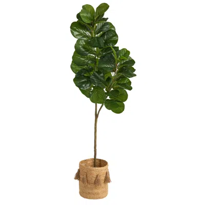 HOMPLANTI 5.5' FIDDLE LEAF FIG TREE IN NATURAL JUTE PLANTER W/TASSELS 