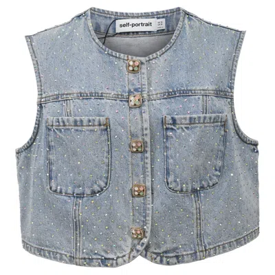 Self-portrait Rhinestone Crop Top In Blue Denim In Blue