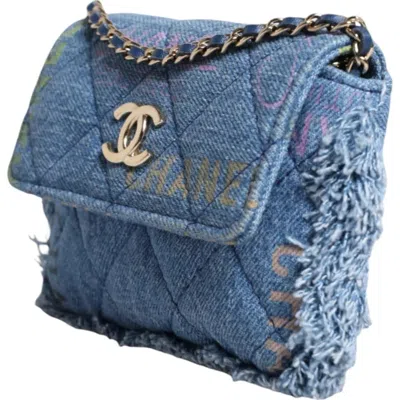 Pre-owned Chanel Denim Mood Flap Micro Logo Printed Fringed Shoulder Women's Bag In Blue