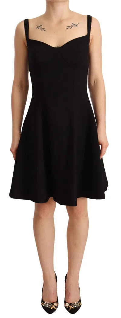 Dolce & Gabbana Black Fit Flare Wool Stretch Sheath Dress In Black