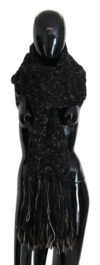 Dolce & Gabbana Black Wool Knitted Wrap Foulard Fringe Scarf In Black