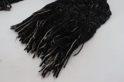 Dolce & Gabbana Black Wool Knitted Wrap Foulard Fringe Scarf In Black