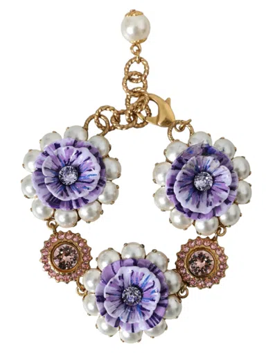Pre-owned Dolce & Gabbana Gold Fiori Blooming Floral Baroque Crystals Women's Bracelet ()