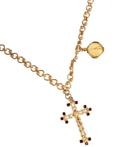 Dolce & Gabbana Gold Tone Brass Chain Religious Cross Pendant Necklace In Gold