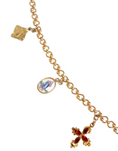 Dolce & Gabbana Gold Tone Brass Chain Religious Cross Pendant Necklace In Gold