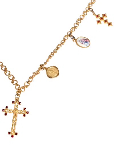 Dolce & Gabbana Gold Tone Brass Chain Religious Cross Pendant Necklace In Gold