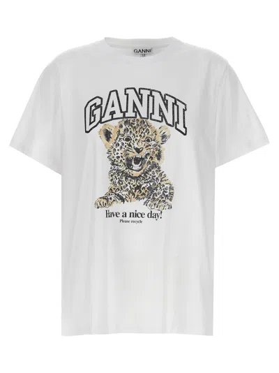 Ganni White T-shirt With Print And Logo Lettering On The Front In Cotton Woman
