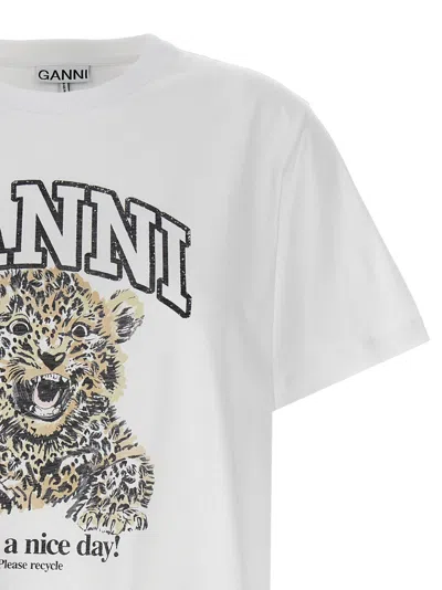 Ganni White T-shirt With Print And Logo Lettering On The Front In Cotton Woman