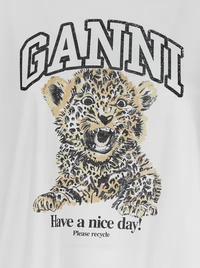 Ganni White T-shirt With Print And Logo Lettering On The Front In Cotton Woman