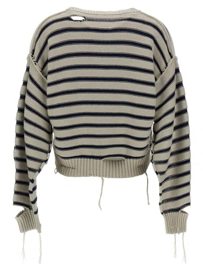 Mm6 Maison Margiela White And Blue Striped Sweater With Cut-out Details